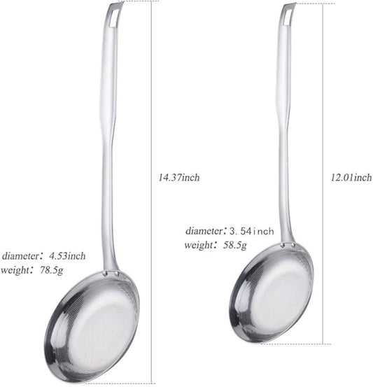 Set of 2 Food Strainers Fine Mesh, Mingcheng 304 Stainless Steel Hot Pot Fat Skimmers for Cooking Grease Gravy and Foam with Long Handle, Small(Dia 3.54in) and Large(Dia 4.53in) Size Silver