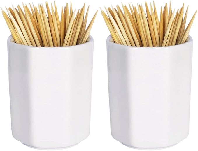 Sizikato 2pcs Simple Pure White Octagon Ceramic Toothpick Holder.