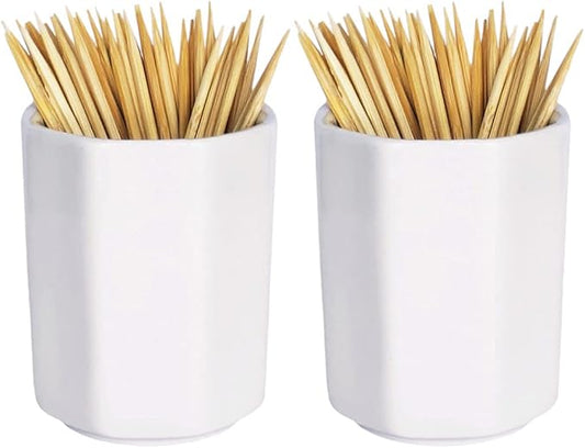 Sizikato 2pcs Simple Pure White Octagon Ceramic Toothpick Holder.