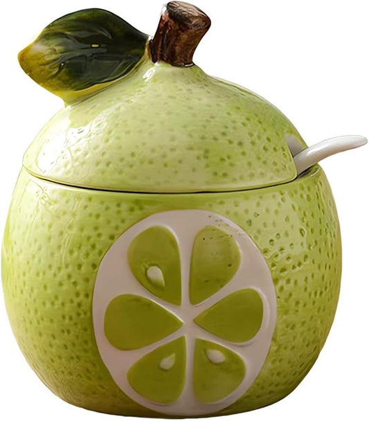 Ceramics Fruit Shaped Sugar Bowl Salt Pot Pepper Storage Jar with Lid and Spoon Seasoning Box Condiment Pots (Green Pomelo)