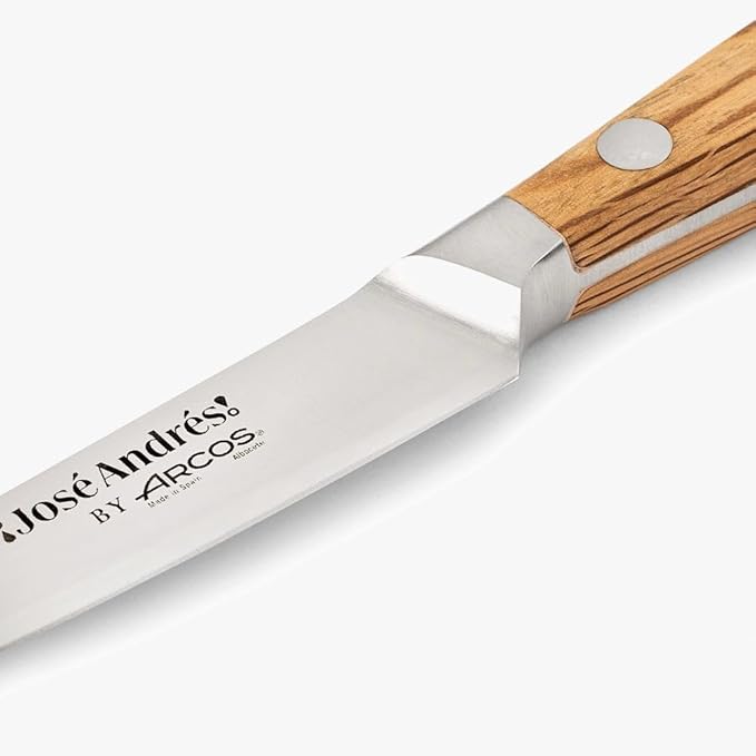 Arcos Jose Andres Paring Knife | 4-Inch Forged Knife for Fruit & Vegetable Peeling | NITRUM Stainless Steel Blade with Silk Edge | Light Brown Holm Oak Handle