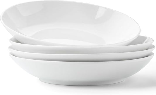 Bone China Pasta Bowls Set of 4, 25.7oz Salad Bowl White Soup Bowls, 8 inch Pasta Bowls Lightweight Wide Shallow Kitchen Plates for Serving Dinner - Microwave Dishwasher Safe, Kitchen Gifts