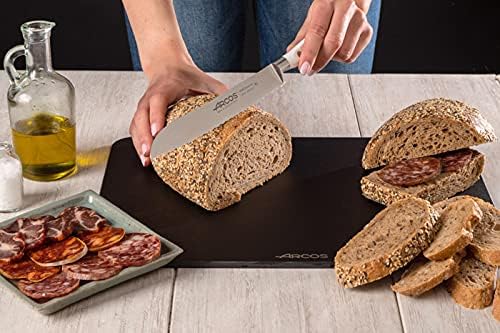 Arcos Bread Knife 8 Inch Nitrum Stainless Steel and 200 mm blade. Obtain a great variety of cuts for your food. Ideal knife for daily domestic use. Series Riviera Blanc. Color White.
