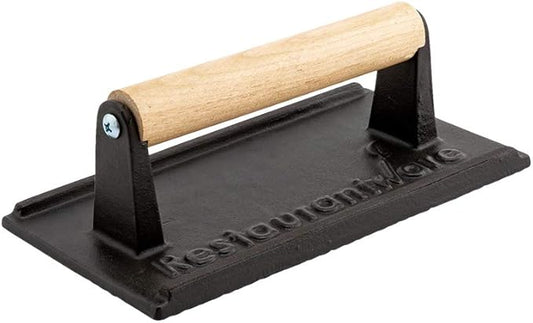 Restaurantware-7.9 x 3.9 x 2.8 Inch Bacon Press, 1 Heavy-Weight Burger Press - With Wooden Handle, Enamel Coating, Black Cast Iron Grill Weight, Textured Bottom, For Steak, Panini, And Grilled Cheese