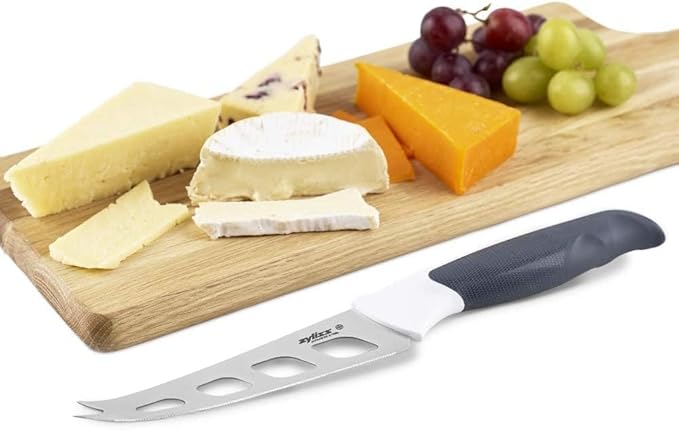 Zyliss Cheese Knife – Stainless Steel Blade with Non-Stick Holes & Forked Tip for Serving – Cuts Soft, Semi-Soft & Firm Cheeses – Gray & White Handle – 4.5"