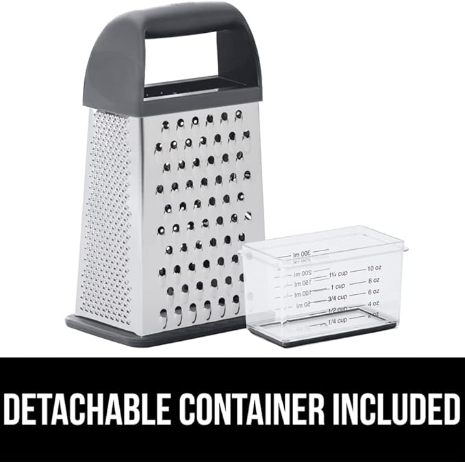 GORILLA GRIP 4-Sided Stainless Steel Cheese Grater With Container, 100% BPA-Free Box Grater, Slip Resistant Base and Handle, Grate Parmesan, Hard Cheeses, Shred Vegetables, Dishwasher Safe, Gray