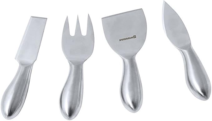 Swissmar 4-Piece Petite Cheese Knife Set Stainless Steel Knives for Cutting, Slicing & Serving Soft, Hard & Aged Cheeses – Includes Cheese Fork, Plane, Knives Ergonomic, Gift Boxed, Dishwasher Safe