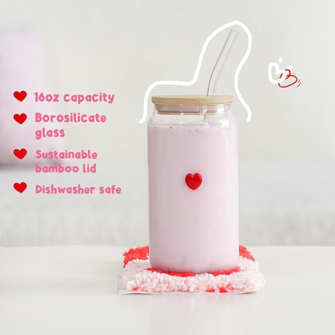 Coquette Aesthetic Glass Can Cup with Bamboo Lid and Straw, 16oz Cute Red Heart Travel Tumbler, Iced Coffee Matcha Smoothie Cup, Trendy Stuff Gifts for Women, Girl Gifts