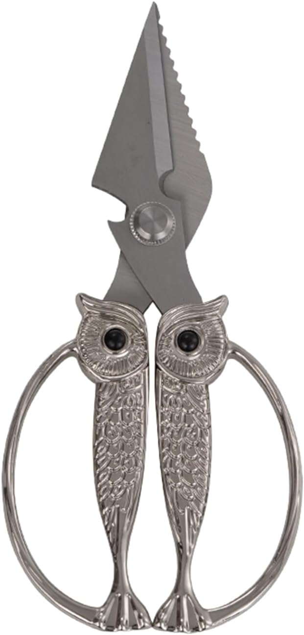 WARMHEART Owl Kitchen Scissors All Purpose, Stainless Steel Heavy Duty Sharp Shears for Meat, Chicken, Fish, Poultry, Herb, Bread (Pearl, Large)