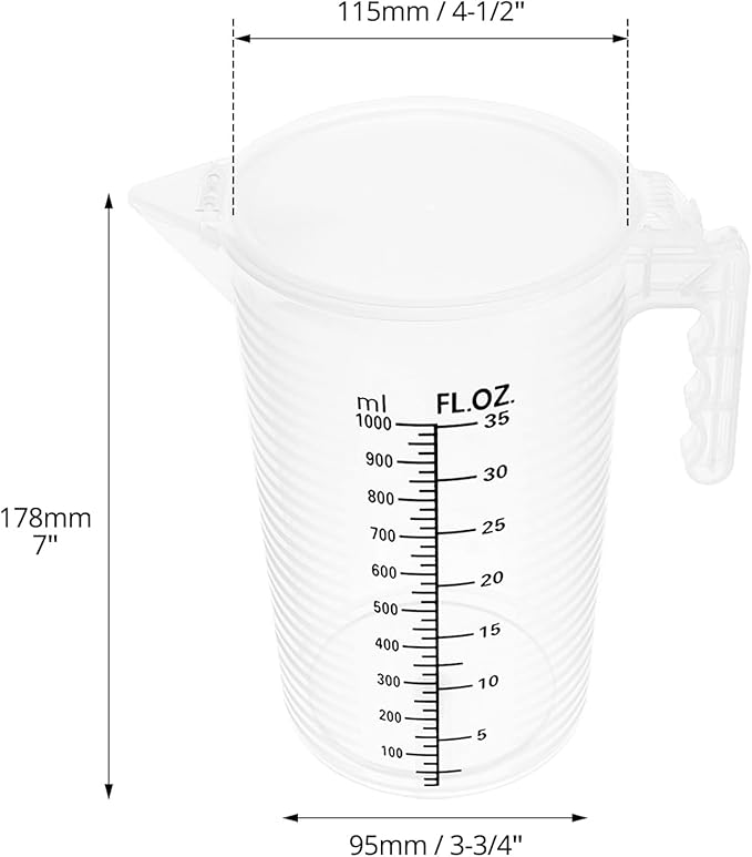 QWORK 2 Pack 32oz (1 Quart) Measuring Pitcher - Plastic, Multipurpose, Polypropylene, with Clear Ounce & Milliliter Markings, Dustproof Lid, for Cooking, Home Hobbies, Shop Oil and Fluids