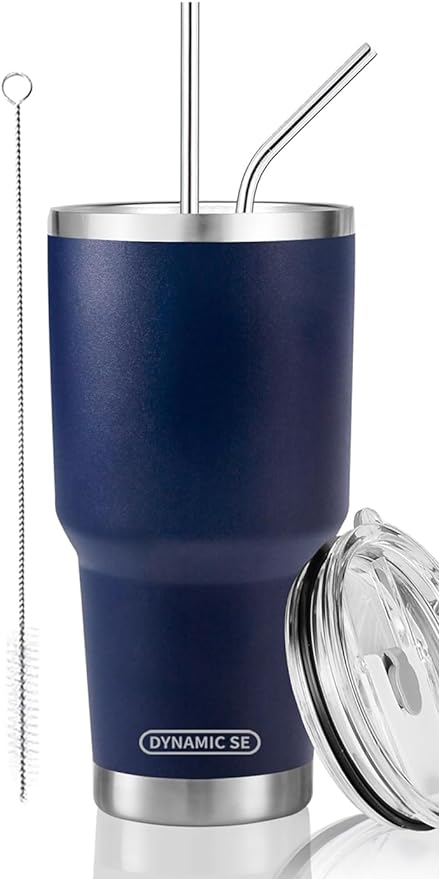 D·S 30 oz Navy Tumbler Stainless Steel Double Wall Vacuum Insulated Mug with Straw and Lid, Cleaning Brush for Cold and Hot Beverages