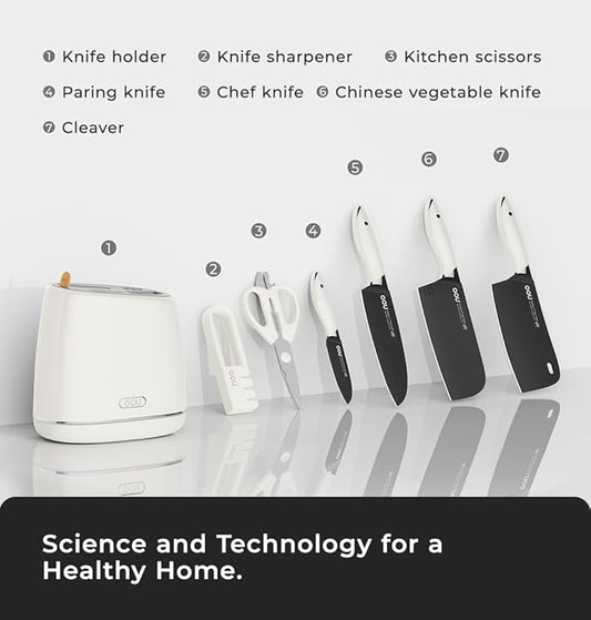 OOU Kitchen Knife Block Set - 15 Pieces High Carbon Stainless Steel Chef Knife Sets, Anti-Rust Black Knives Set with Sharpener，White