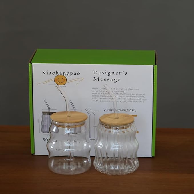2 Pcs Ribbed Glass Cups, 18 Oz Vintage Drinking Glassware with Wave Shape Design, Bubble Cups for Iced Coffee, Juice, Beverage, Milk, Cocktails, Bubble Tea, and More