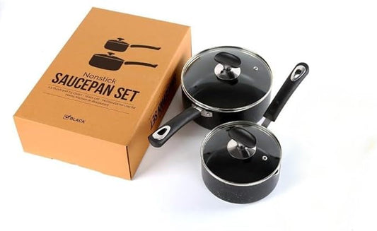 RATWIA Nonstick Saucepan Set - 1.5 Quart and 2.5Quart,Ultra Non Stick Sauce Pan Small Pot with Glass Lid,Great for Home Kitchen Restaurant,Black