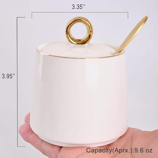 WHJY Ceramic Sugar Bowl with Lid and Spoon, Simple White Clear Porcelain Salt Bowl Salt Container, Modern Spice Box Seasoning Jar for Home and Kitchen Coffee Bar - White