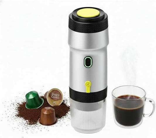 Chefnificent Portable Espresso Maker, 20 Bar Pressure Small Coffee Machine, Rechargeable Battery Operated Mini Coffee Maker for Pods or Grounds, Includes Car Charger, for Hot & Iced Coffee (Silver)