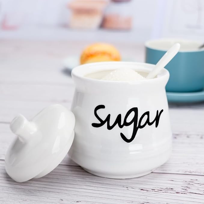 Ceramic Sugar Bowl with Lid and Spoon, 12 Ounces Porcelain Sugar Jar Sugar Dispenser, Sugar Container for Home and Kitchen Decor (White)