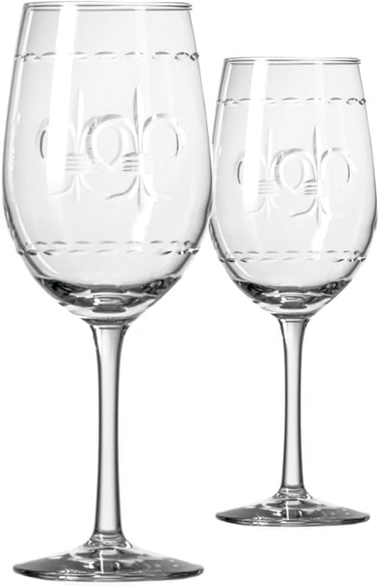 Rolf Glass Fleur De Lis White Wine Glass 12 ounce - Stemmed Wine Glasses Set of 2 – Lead-Free Glass - Diamond Wheel Engraved Wine Glasses - Made in the USA