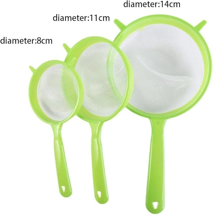 3 PCS/Set Flour Sifter with Long Handle, Plastic Hangable Flour Colander Powder Filter Strainer Fine Mesh Colander Coffee Filter Tea Strainer, Strainers and Colanders and Food Strainers（Green）