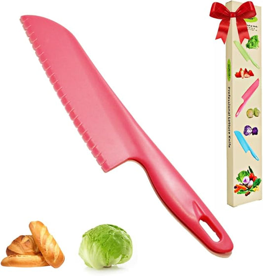 jawbush Professional 11" Salad & Bread Knife, Plastic Lettuce Knife for Veggies, Fruit, Cake, Serrated Chef Knife for Cooking and Cutting with Nonstick Safe Nylon in Pink
