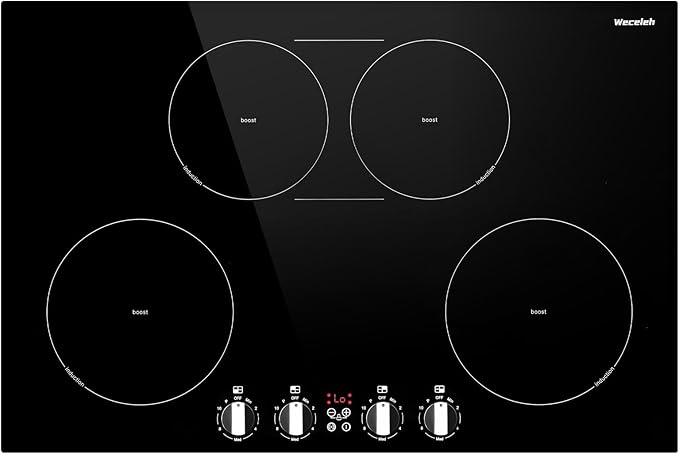 30 Inch Induction Cooktop 4 Burner with Bridge Element, 7800W Built-in Stove Top, Booster Function, 10 Power Levels, Timer & Child Safety Lock, Knob Control, 220-240V
