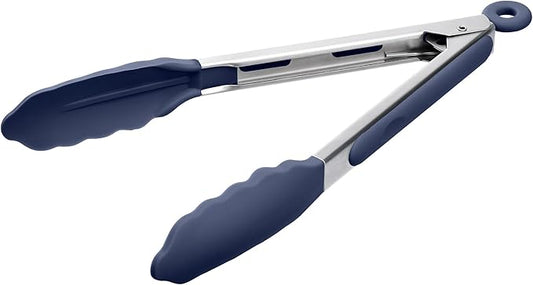 Doosu Kitchen Tongs for Cooking - 600°F Heat Resistant Food Tong with Non-Scratch Silicone Tips, Heavy Duty Stainless Steel Locking Tong for BBQ, Grilling Steak, Serving Salad Pasta (9in, Navy Blue)