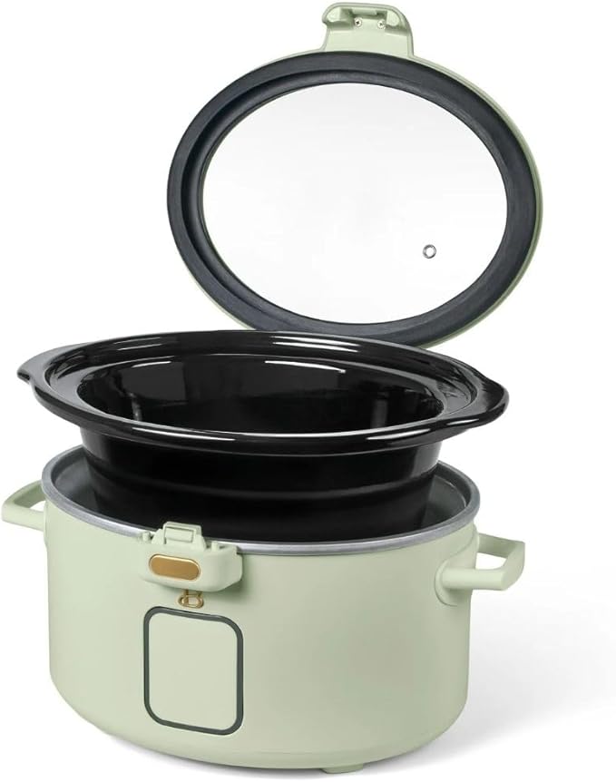 Beautiful by Drew 4.0-Quart Programmable Slow Cooker with Hinged Lid, Digital Timer, Keep Warm Function, Removable Stoneware Pot, Stainless-Steel Accents (Sage Green)