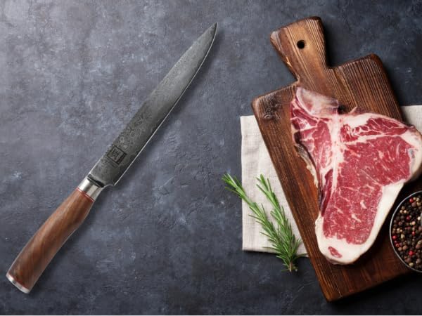 zayiko Carving Knife – 8-Inch Damascus Chef Knife | 67 Layers Steel with VG10 Core | Ergonomic Walnut Wood Handle | Professional Meat and Kitchen Knife in Gift Box