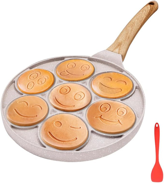Pancake Pan Induction for Kids, Pancake Shapes Pan, Mini Pancakes Maker Nonstick Pancake Griddle 7 Holes Smiley Face Pancake Mold for Breakfast, 10 Inch (White)