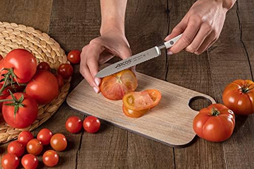 Arcos Forged Knife Serrated 5 Inch Nitrum Stainless Steel and 130 mm blade. Ergonomic Polyoxymethylene POM Handle. Series Riviera Blanc. Color White
