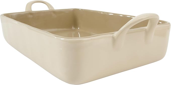 Bloomhouse 3-Piece 4.8-Quart 9 X 13 Ceramic Bakeware Set with Olive Wood Tools – Linen/Taupe Baking Dish with Handles, Oven Safe, Durable Stoneware for Casseroles, Roasting & Serving
