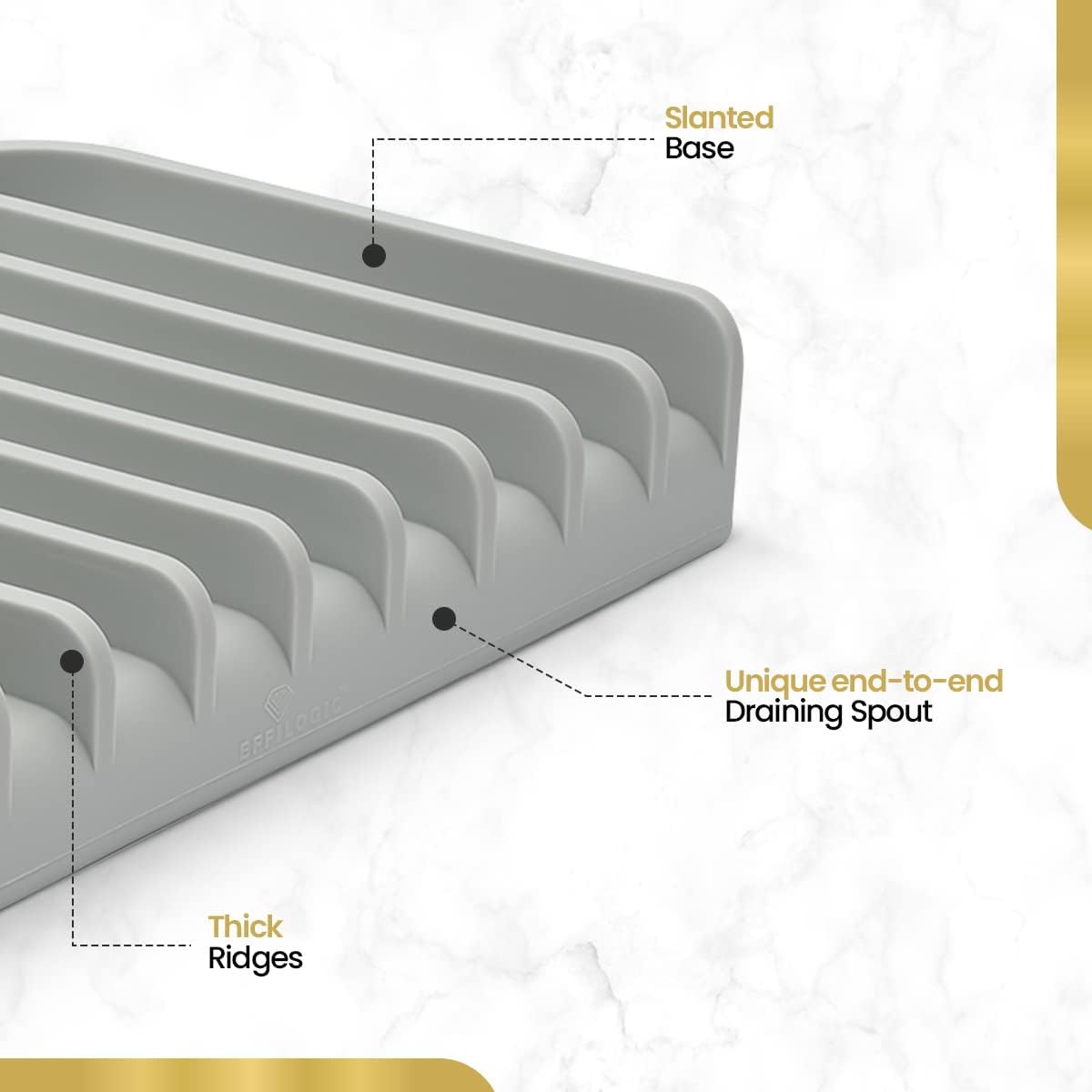 Effilogic Silicone Sponge Holder – Self-Draining Sink Organizer- Faucet Mat for Kitchen - Countertop Protector - Large Grey
