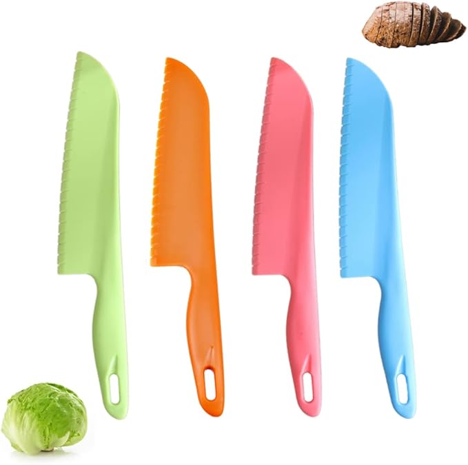 jawbush 11" Plastic Serrated Knives Set to Cut Salad, Bread, Brownies or Lasagna, Professional Large Lettuce Knife to Prevent Turning Brown, Nylon Knife for Nonstick Pans, Durable Chef's Knife, 4 Pcs