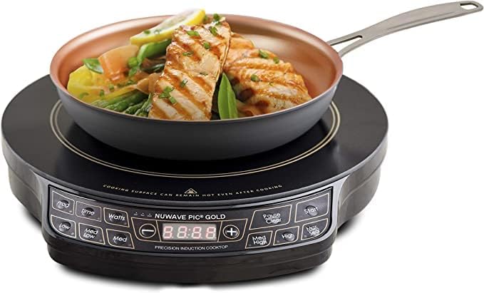 Nuwave Gold Precision Induction Cooktop, Portable, Large 8” Heating Coil, 12” Shatter-Proof Ceramic Glass Surface, 3 Wattage Settings 600, 900, and 1500 Watts, 9” Duralon Non-Stick Fry Pan Included