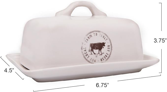 Creative Co-Op Stoneware Butter Dish with Cow Decal
