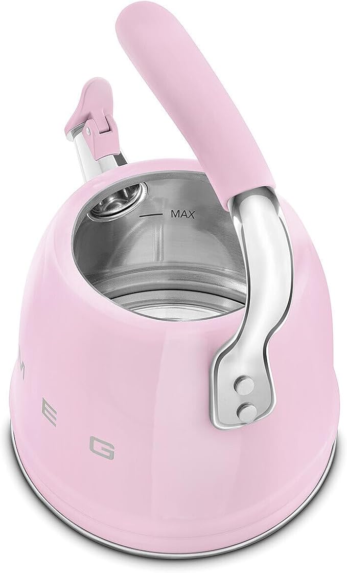 SMEG Stovetop Whistling Kettle – 50s Retro Style, 2.3 Liter (10 Cup / 2.4 Quart) Stainless Steel Tea Kettle with Iconic Design & Whistle – Premium Kitchen Statement Piece (Pink)