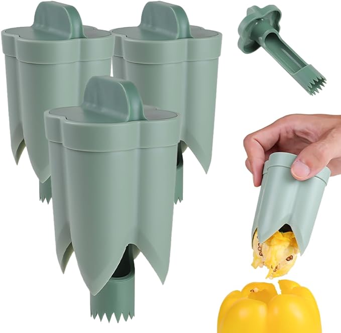 2 in 1 Pepper Seed Corer Remover, Fruit Pepper Corer, Bell Peppers Corers, Quick Cut, Fruit and Vegetable Seed Remover, Kitchen Vegetable, Zucchini Tomato (Green 3PCS)