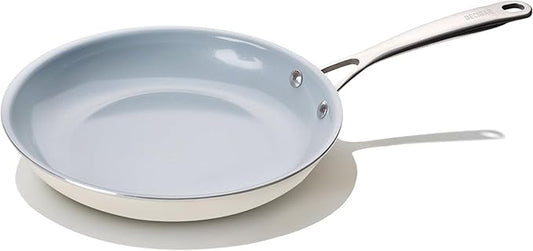 BECIGAR 20CM Ceramic Frying Pan with Stainless Steel Handle - Perfect Non Stick Frying Pans for Steak & Non Stick Cooking-Ceramic Pans Frying Pan Trendy Kitchen Essential for Young Chefs(Cream White)