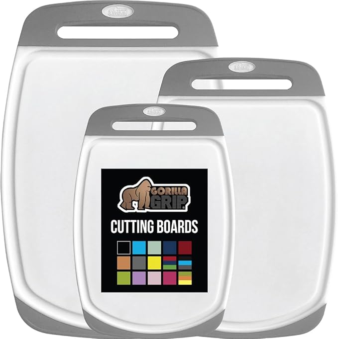 GORILLA GRIP BPA-Free Reversible Kitchen Cutting Board Set of 3, US Designed, Nonporous, Juice Grooves Catch Liquid, Slip Resistant Border, Dishwasher Safe, Durable Large Food Chopping Boards, Gray