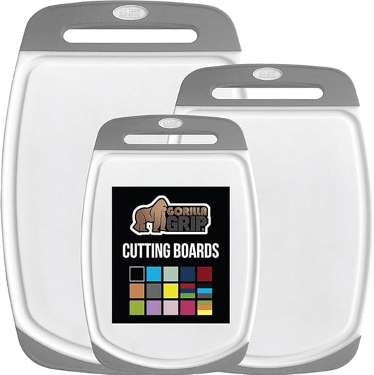 GORILLA GRIP BPA-Free Reversible Kitchen Cutting Board Set of 3, US Designed, Nonporous, Juice Grooves Catch Liquid, Slip Resistant Border, Dishwasher Safe, Durable Large Food Chopping Boards, Gray