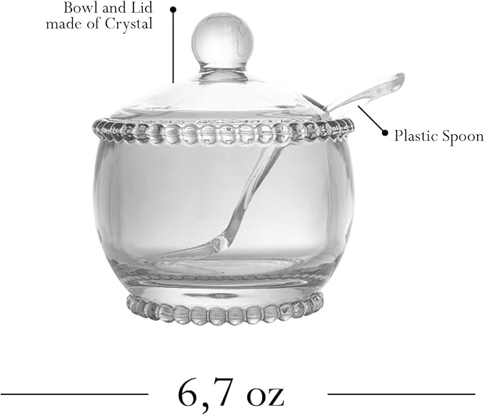 WOLFF Pearl Crystal Beaded Sugar Bowl with Lid and Spoon, Clear Crystal Sugar Holder, 6.7 oz Capacity, Dish for Salt Condiments and Spices (Clear, Sugar Bowl)