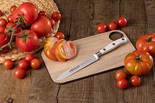 Arcos Forged Knife Serrated 5 Inch Nitrum Stainless Steel and 130 mm blade. Ergonomic Polyoxymethylene POM Handle. Series Riviera Blanc. Color White