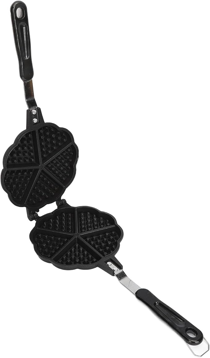 Sweetheart Waffle Maker Pan, Without Stick Cast Aluminum Stovetop Waffle Iron with Five 3.5in Cavities, Portable Heart Shaped Mini Waffle Maker, Black, 5.9In