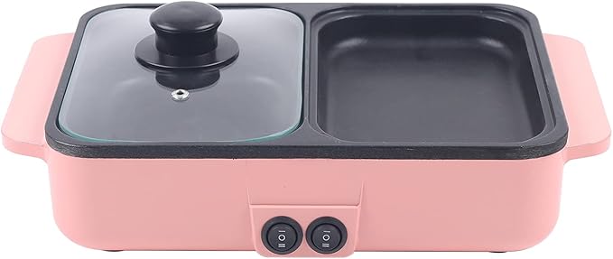 Electric Grill Hot Pot 2 in 1,Mini Electric Hot Pot BBQ Grill Kitchen Smokeless Shabu Cooking Pan 1200W,Multifunctional Grill Pan Indoor for Korean BBQ, Steaks, Shabu Shabu and Noodles (Pink)