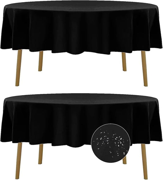 Fokitut 2 Pack Waterproof Round Tablecloth, 90 Inch, Stain Resistant and Wrinkle Polyester Table Cloth, Fabric Table Cover for Kitchen Dining, Wedding, Party, Holiday Dinner-Black