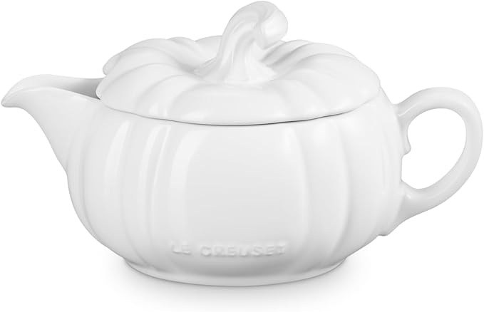 Le Creuset Stoneware Pumpkin Gravy Boat with Lid, 14 oz., White
