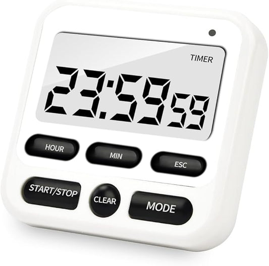 Multifunctional Kitchen Timer with Silent/Alert Mode, 24-Hour Clock, Memory Recall, Fast-Forward, and Magnetic Back for Cooking, Baking, Teaching(White)