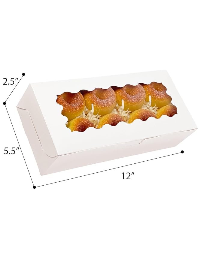 qiqee 50 Packs White Cookie Box with Window 12x5.5x2.5 Inch Two Uses Pastry Biscuit Bakery Box For Packaging