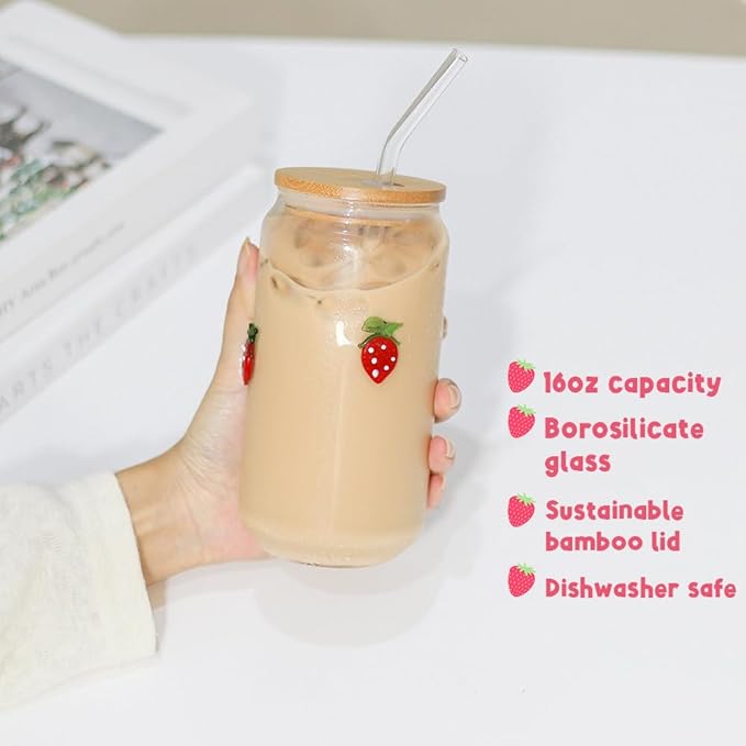Coquette Aesthetic Can Glass Cup with Bamboo Lid and Straw, 16oz Cute Strawberry Tumbler for Smoothie, Iced Coffee Matcha Cup, Trendy Stuff Gifts for Women, Girl Gift
