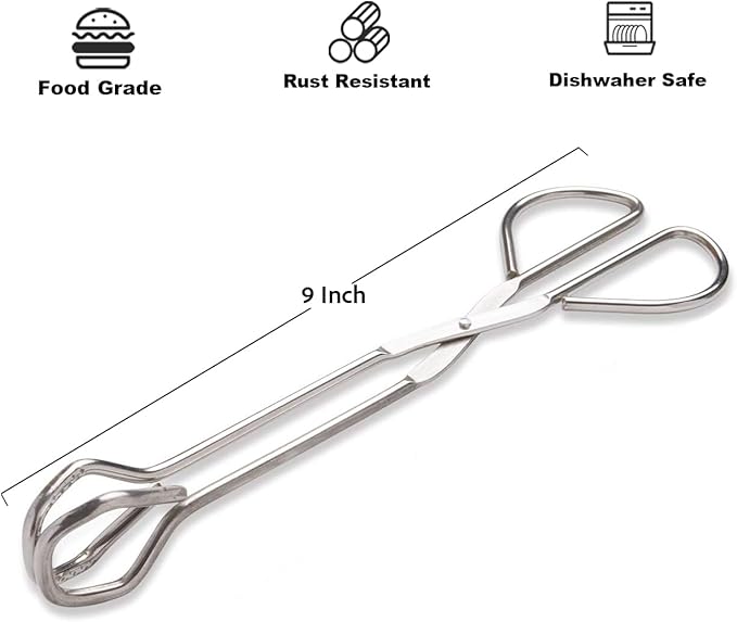 9-Inch Heavy Duty Stainless Steel Kitchen Tongs - Comfortable Ergonomic Grip, Scissor Design, Heat Resistant for BBQ and Cooking